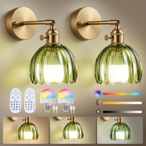 Image of Warmiehomy Battery Operated Wall Lights Set of 2, Rechargeable Wireless Wall Sconces with Remote & Bulb, 12 RGB Colors & 3 Color Temperature, Dimmable Cordless Wall Lamp for Indoor, Green Tulip