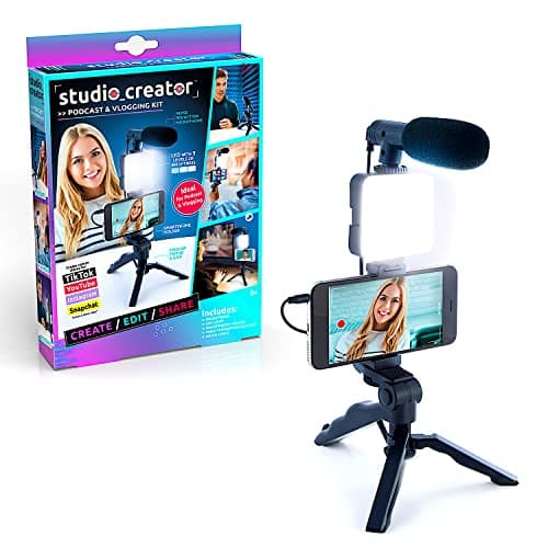 Image of Studio Creator Podcast and Vlogging Kit, Phone Holder, LED Light, Microphone + Tripod, Create Content On The Go, Age 6+, White
