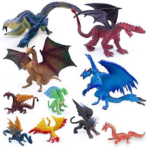 Image of SIENON Pack of 10 Dragon Toy Figures - 4 Pieces 13 cm Large Dragon Figures with 6 Pieces 8 cm Mini Dragon Toy Styles, Children's Dragon Toy for Cake Topper