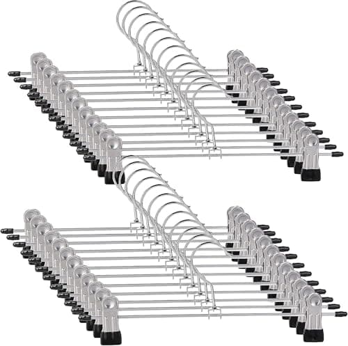 Image of Trouser Hanger, 20Pack Pant Hangers Space Saving Skirt Hangers with Clips Adjustable Non-Slip Coat Suit Heavy Duty Chrome Clothes Hook
