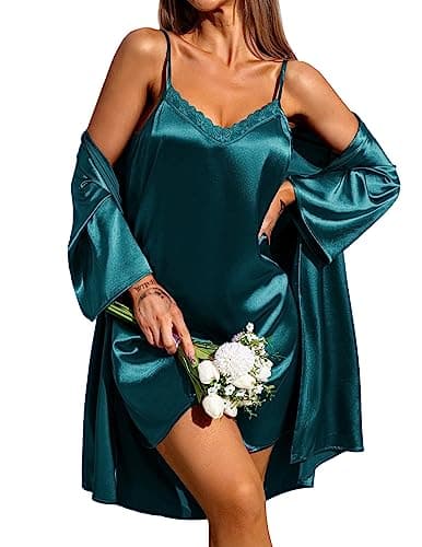 Image of Ekouaer Women's Robes Satin Kimono for Bridesmaids Silk Loungewear Lace Sexy Nightwear Set Wedding Dressing Gown Green M
