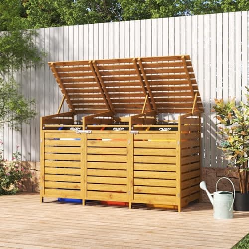 Image of Warmiehomy 3 Wheelie Bin Storage 3 x 240L Bin Storage for Wheelie Bins, Wooden Triple Wheelie Bin Store Storage for 3 Bins, 1 CM Thick Wood Board, 198 x 86 x 122.5 CM, Yellow