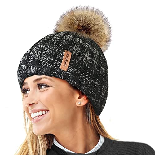 Image of TOSKATOK®Womens Warm Winter Hat Woolly Knitted Beanie with Detachable Chunky Faux Fur Bobble Pom Pom-BLK/Grey Mix