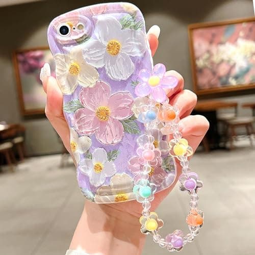 Image of Fxlzcw for iPhone 6s Plus iPhone 6 Plus Curly Wavy Case, Cute Colorful Retro Oil Painting Flower Glossy Pattern [with Bead Chain], Slim Fit Shockproof Protective Cover for Girls Women (Purple)