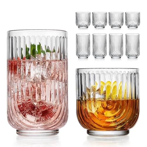 Image of Glaver's 8-Piece Drinking Glass Set, Art Deco Ribbed Arch Glassware, Clear U-Shape Design, 17oz Highball and 11oz DOF Glasses Kitchen Glasses