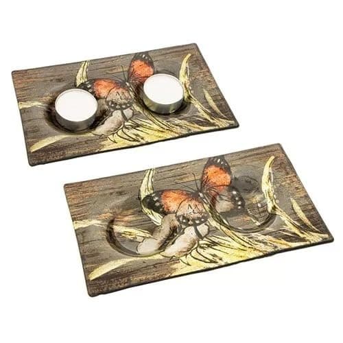 Image of Amber Butterfly Double Tealight Holder Rectangle Glass Gift Mothers Day Candle
