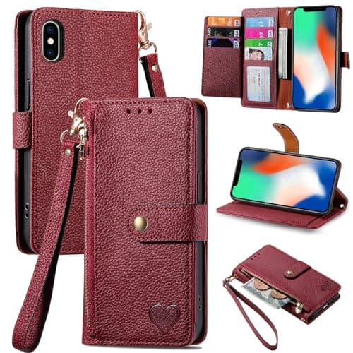 Image of VEEMOS Zipper Wallet Case for Apple iPhone XS Max Phone Case with Purse Card Holders RFID Blocking Leather Flip Case Book Cover Wrist Strap Women - Red