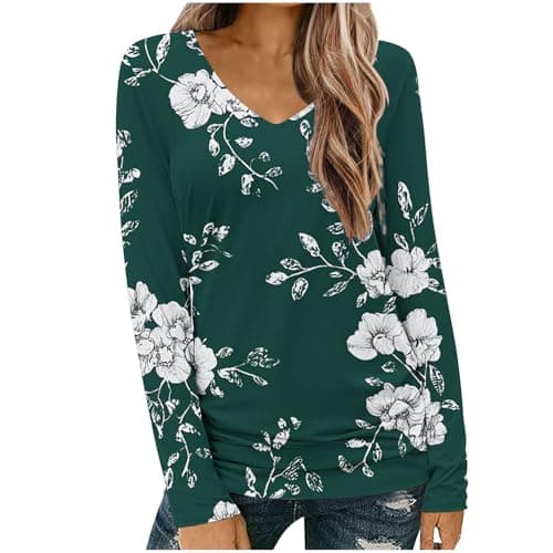 Image of Ladies Long Sleeve T-Shirts Multicoloured Breathable Shirts for Womens Comfortable Soft Long Tee Tops Printed V-Neck Long Sleeved T-Shirt Loose Top