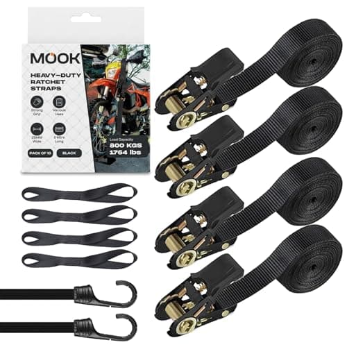 Image of MOOK Heavy Duty Ratchet Straps – 4PCs endless ratchet straps, 6M x 25MM Tie Down Straps with 4 Soft Loops, 2 Bungee Cords – 800KG Load Capacity – Secure Cargo for Car, Kayak, Motorcycle – 10 PCs Set