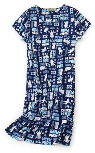 Image of CHUNG Women Short Sleeved Soft Cotton Nightdress Ladies loose fit Nighties Animal Floral Print, Navy Cat, L