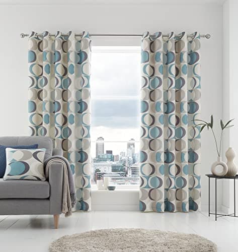 Image of Fusion Duck Egg Geometric Eyelet Curtains 46 x 54 Inches (117 x 137 cm) – 100% Cotton – 2 Panels – Retro Vector Circle Print – Bedroom and Living Room Drapes – Crescent Pattern – Modern Style