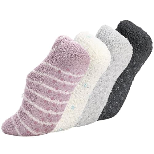 Image of Meng Jiaran 4 Pairs Slipper Fluffy Socks for Women, Non Slip Soft Thermal Fuzzy Bed Slippers Socks with Anti-slip Grain Cute Slipper Trainer Socks for House Floor Bed Sleeping (UK 3-7)