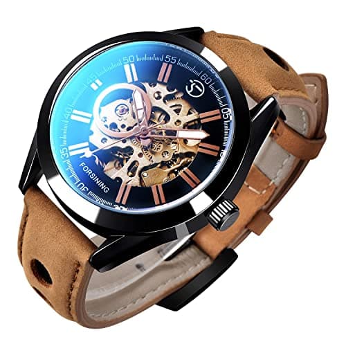 Image of Gute Automatic Watch for Men, Mens Skeleton Automatic Mechanical Wrist Watch Analog Casual Sport Brown Leather Clock