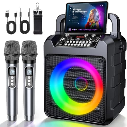 Image of Dislocati Karaoke Machine with 2 Wireless Microphones: Portable Bluetooth Speaker for Adults & Kids - PA System with Lights Supports TWS/TF Card/USB/AUX for Home Party-Stage Monitors