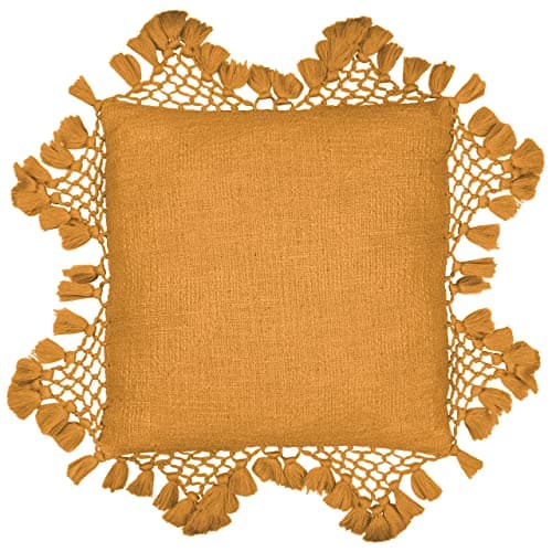Image of Yard furn Anko Polyester Filled Cushion – Textured Cotton with Macramé Tassel Trim (Ginger – Square)