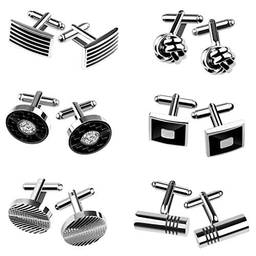Image of TUPARKA 6 Pairs Men's Cufflinks Fashion Stripe Cufflinks for Tuxedo Graduation Gift Business Gift Silver