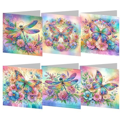 Image of 6pcs Diamond Art Cards DIY Crystal Painting Art Greeting Cards Kits Diamond Painting Tools Whit Envelopes Butterfly Plant Mosaic Festival Craft Gift