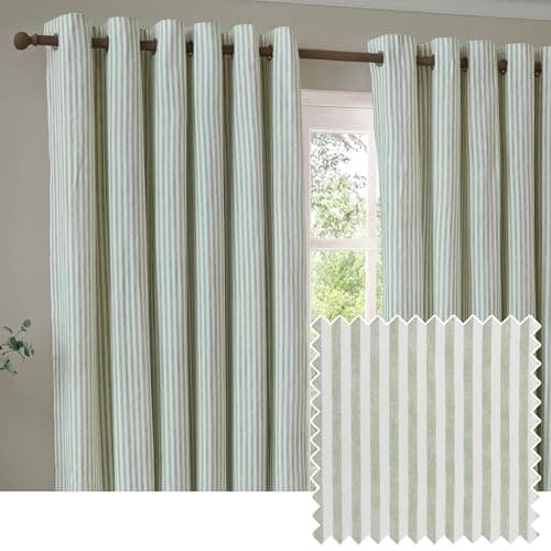 Image of Yard furn Hebden Eyelet Curtain Pair – Ultra Soft Cotton Lined Striped Curtains (Eucalyptus - 117x183cm)