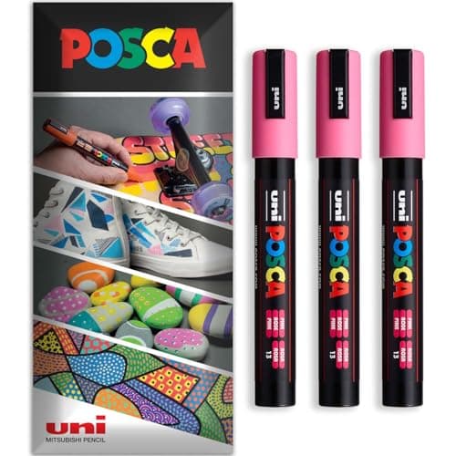 Image of Posca Water Based Acrylic Paint Marker Pens | Multi Surface Use Permanent Paint Pen | Pack of 3 Pens in Envelope Gift Packaging | Glass, Fabric, Canvas, Wood etc | PC-5M, Pink