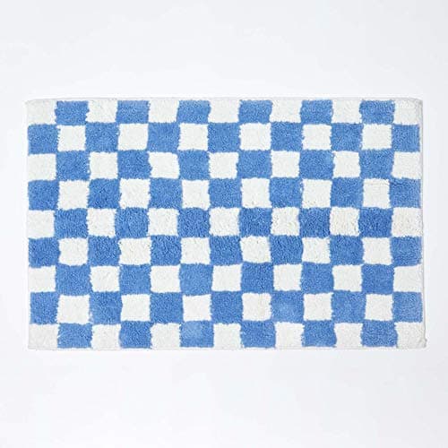 Image of HOMESCAPES Super Absorbent Soft 100% Cotton ‘Brighton’ Blue and White Bathmat with Checkerboard Geometric Pattern and Non Slip Latex Backing, 50 x 80 cm Large Shower Mat Washable