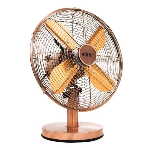 Image of KÜHL 12" Copper Desk Fan Electric Oscillating Metal Cooling Fan with 3 Speed Settings | Adjustable Tilt | Table Fan for Home, Office or Bedroom | Easy to Assemble