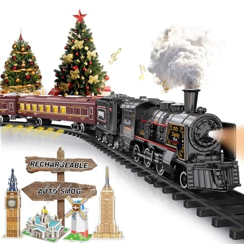 Image of Electric Train Sets for Boys Girls Metal Alloy Christmas Trains Toys Steam Locomotive, Passenger Carriages, Tracks, Light & Sounds Rechargeable Birthday Gifts for Kids 3 4 5 6 7 8 + Years Old Red…