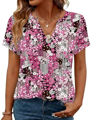 Image of Rapbin Women's V Neck Blouse Short Sleeve Floral Print Tops Casual Loose Fit Tunic Shirts with Rolled Cuffs Summer (8-10,Black & Pink Flowers)