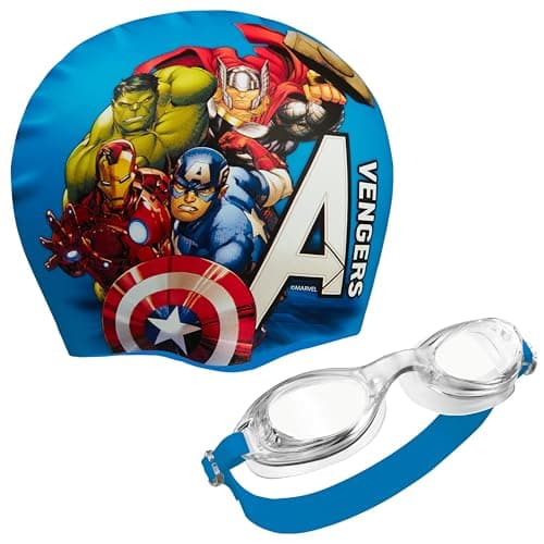Image of Marvel Children's Swimming Goggles and Swimming Cap Set Anti-Fog UV Protection (Blue Avengers, 6-14 Years)