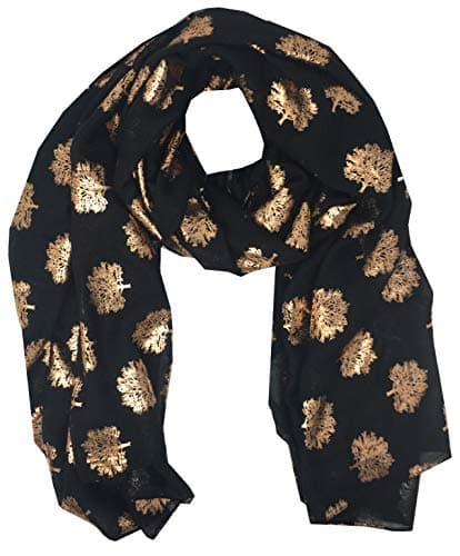 Image of World of Shawls Silver Foil Mulberry Tree Print Fashion Scarf (Black With Gold Foil Mulberry Tree)