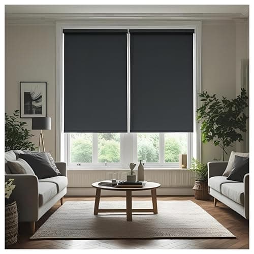 Image of Thermal Insulated Blackout Fabric Roller Blinds, Easy Fit Room Darkening Shades Fittings Included Dark Grey (Width 90cm x Length 165cm, Thermal Blackout, Dark Grey) (BK004)