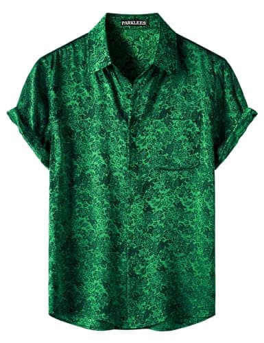 Image of PARKLEES Men's Silk Satin Shiny Jacquard Summer Short Sleeve Shirt Luxury Leisure Floral Button Down Shirt Dark Green Large