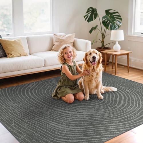 Image of GENIMO Washable Large Rug 160x230cm, Low Pile Non-Slip Carpet, Durable Easy Clean Rug for Living Room, Dining Room, Home Office, Grayish Brown Green Annual Ring Texture