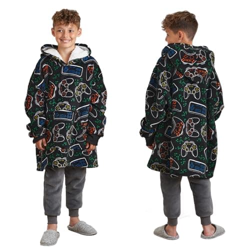 Image of Dreamscene Gaming Oversized Hoodie Blanket, Gifts for Boys Sweatshirt Soft Sherpa Fleece Throw Cosy Wearable Hooded Blanket Big Jumper - Black, One Size Fits All - Kids