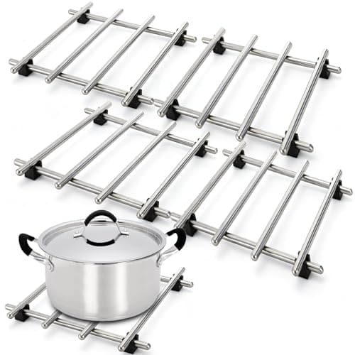 Image of WUWEOT 4 Pcs Stainless Steel Trivet for Hot Dishes, 18 x 18 cm Mini Cooling Rack, Heat-Resistant Steel Dining Protector Mats with Rubber Anti-Slip Feet for Hot Pots, Pans, and Bakeware