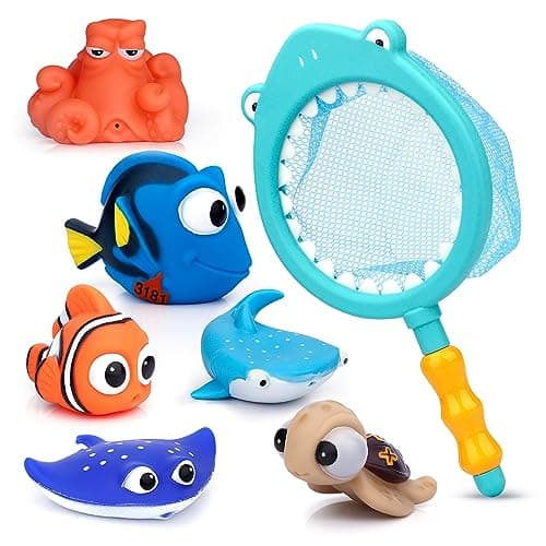 Image of Anzmtosn Water Bath Toys Swimming Pool Baby's Shower Time Cute Fish Toys Happy Water Squirt Spray Bathtub Baby Children Educational Learning Toys, Holiday Stocking Stuffer (6 PCS with Fishing Net)