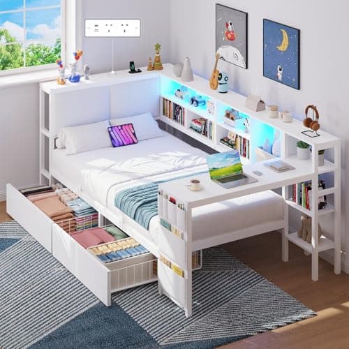 Image of 3ft Single Bed with Storage, 2 Drawers & Study Desk, Single Bed Frame with Upholstered Headboard and Charging Station (2 AC Sockets 2 USB Ports), LED Lights, Reversible Left/Right Hand Assembly, White