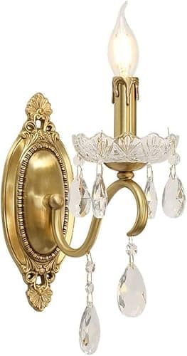 Image of BLOOHK Vintage Crystal Wall Sconce, Gold Brass 1-Light/2-Light Wall Lamp, French Style Candle Wall Light Fixture, Elegant Decorative Wall Mounted Lighting for Living Room, Bedroom, Hallway, Bathroom