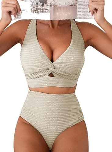 Image of Hanaoops Women's Bikini Sets Textured Swimwear Push Up High Waisted Two Piece Swimsuits Sexy Twist Front Bikini Top Ruched Tummy Control Bottom Bathing Suits Summer Beach Wear Set Beige
