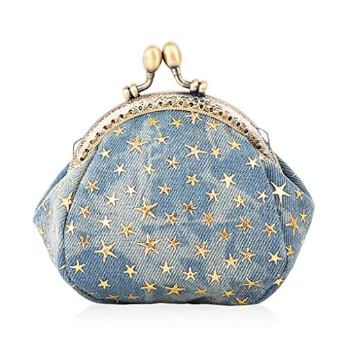 Image of Oyachic Five-Pointed Star Coin Purse Denim Change Pouch Wallets Buckle with Kisslock Clasp Coin Holder Clutch Handbags for Women Ladies (Blue)