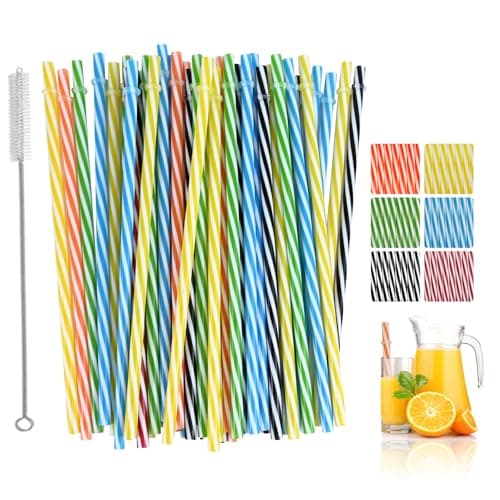 Image of 50pcs Reusable Plastic Straws,Colorful Striped Drinking Straws with Cleaning Brush, Drinking Straws for Juice Cocktail Bubble Tea Restaurants Parties Celebrations