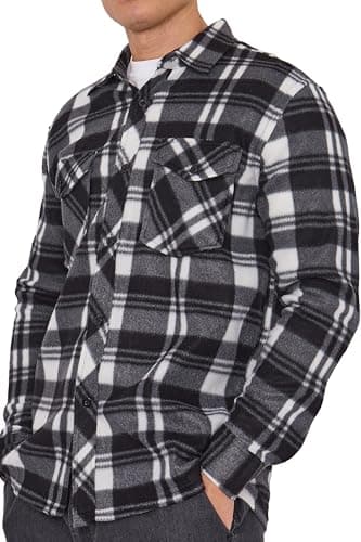 Image of Men’s Checked Fleece Shirt – Soft Warm Plaid Pattern Button-Up with Chest Pockets, Winter Casual Top Authentics Long Sleeve Flannel Style Jacket Thicken Sherpa Lined (White/Black Large)