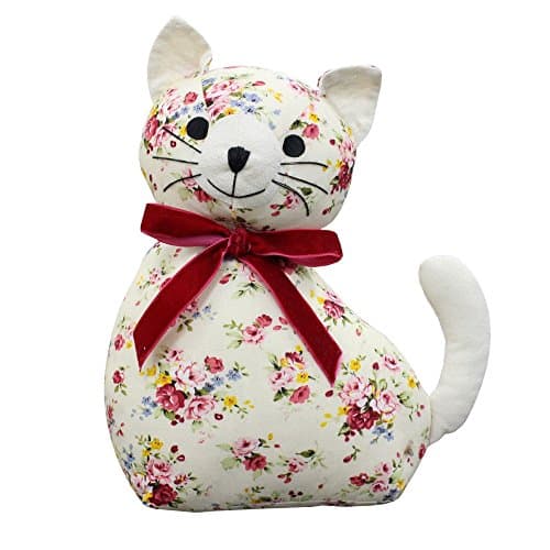 Image of Riva Paoletti Floral Cat Novelty Doorstop - White Floral Print - Heavyweight Sand and Polyester Filling - 100% Cotton - 18 x 10 x 24cm (7" x 4" x 9" inches) - Designed in the UK