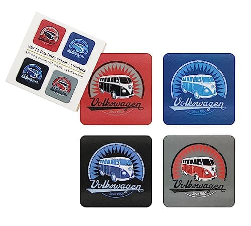 Image of BRISA VW Collection - Volkswagen Drink Glass Cork Coasters with MDF Coating and T1 Bus Campervan Design (4-Piece Set/Vintage Logo/Multicolor)