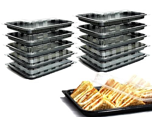 Image of Zumart Pack of 10 Sandwich Platter Trays With lids - Reusable Plastic Catering Trays With Lids for Meal Prep, Cakes, Treats and Sandwiches (33.5cm x 24cm x 6cm)