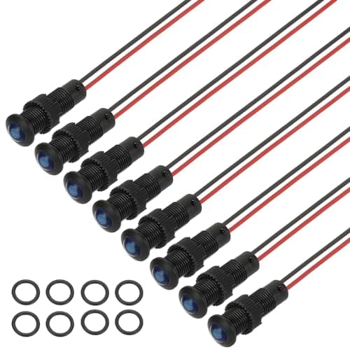 Image of PATIKIL 8mm Blue Signal Indicator Lights, 8 Pack AC/DC 12-24V Panel Mount Waterproof Warning Lamps for Industrial Electrical Car Motorcycles Boats Directional Dash Light, Black