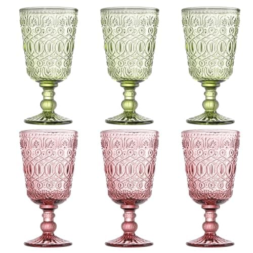 Image of SOUJOY Set of 6 Vintage Glass Goblet, 10oz Colored Embossed Wine Glasses, Handmade Pressed Water Drinking Cup with Stem for Party, Wedding, Bar