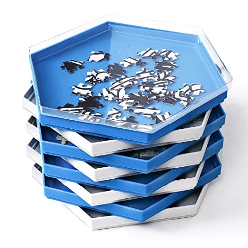 Image of Becko Stackable Puzzle Sorting Trays Jigsaw Puzzle Sorters with Lid Puzzle Accessory for Puzzles Up to 1500 Pieces, 8 Hexagonal Trays (Blue&White)