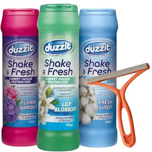 Image of Shake & Vac Carpet Freshener Powder Bundle, Fresh Linen, Lily Blossom & Floral Garden, Carpet Odour Neutraliser Deodoriser, Home Carpet Cleaner, 3 x 500g with Lint Remover Tool