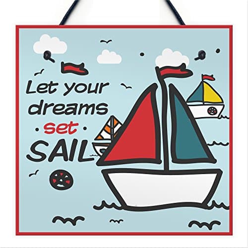 Image of Red Ocean Set Sail Chic Sign Sailing Children's Nautical Hanging Plaque Beach Seaside Home Kids Boat Gifts