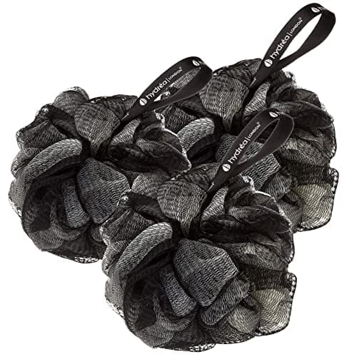 Image of Hydrea London Shower Puff - Exfoliating Body Scrubber for Men & Women - Cleansing & Invigorating Luxury Shower Scrub - Ultra-Soft, Large, & Vegan Bath Scrunchie - Triple Pack Black & Cream